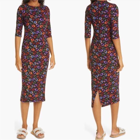 FARM Rio Leopard Print Jersey Sheath Dress in Black Ikat-Dyed Size S - Picture 1 of 13